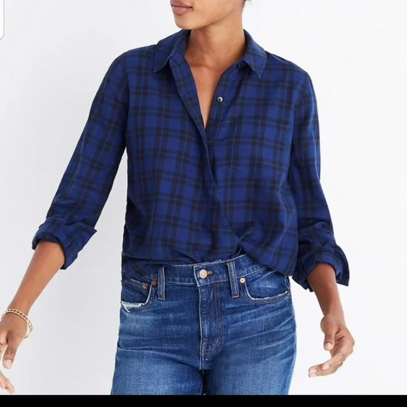 Madewell Blue Plaid Wrap Front Shirt XXS - Picture 6 of 6